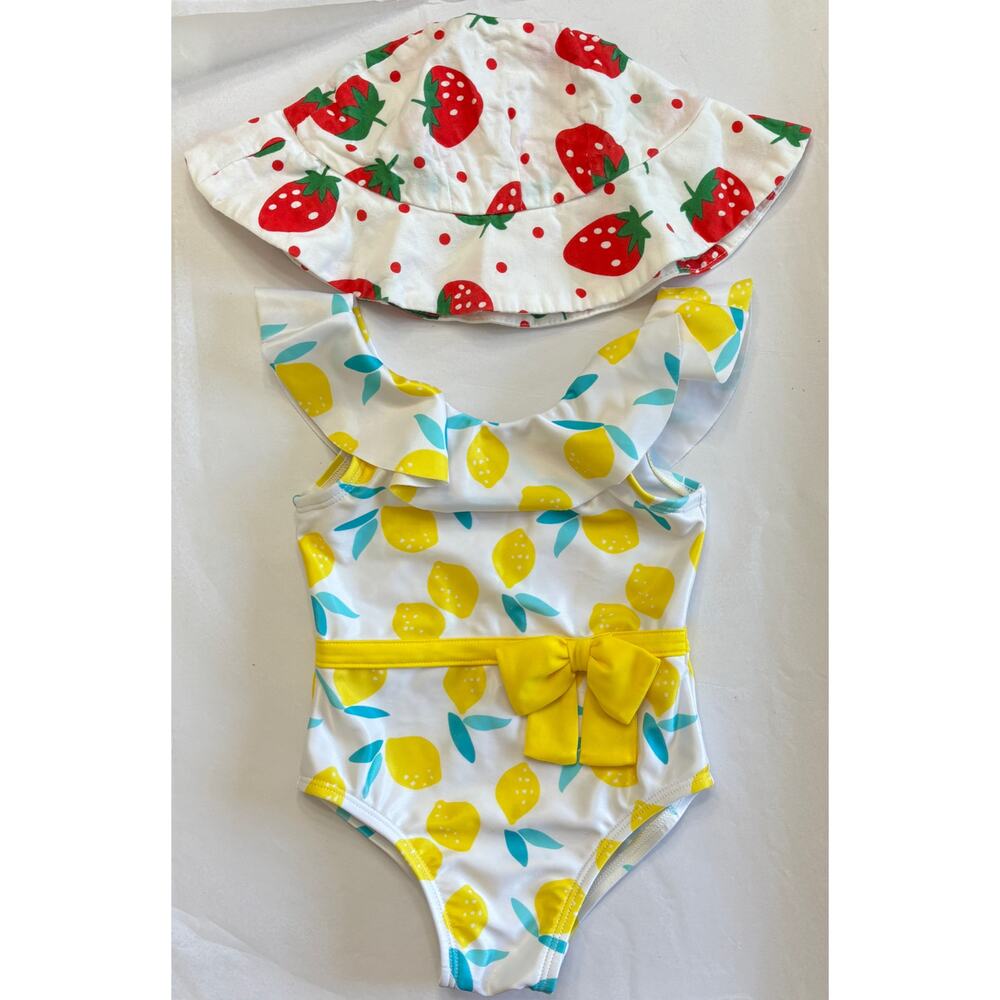 Gerber Lemon Squeeze One Piece Ruffled Swimsuit (Size 12M) & Strawberry Sun Hat